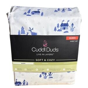 Cuddl Duds Microfiber Sheet Set Queen Blue Winter Village Snowmen Warm Gift New